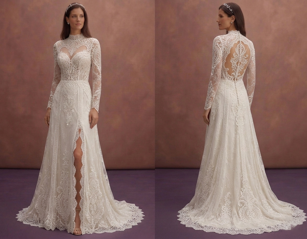 White Lace Wedding Dress with Long Sleeve Classic Design
