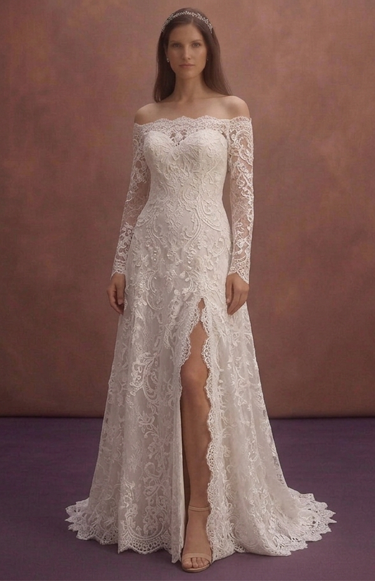 White Lace Wedding Dress with Romantic Off Shoulder Neckline
