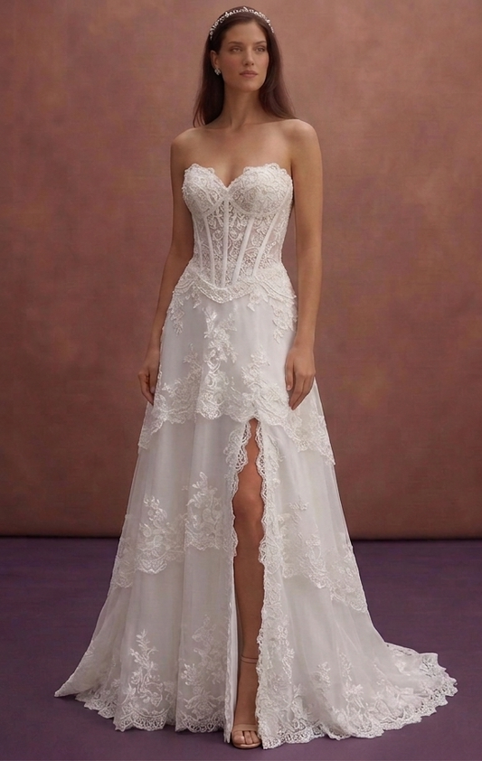 White Lace Wedding Dress with Structured Corset Elegance