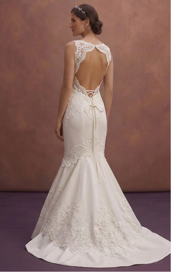 White Mermaid Bridal Dress with Open Back Lace Detail