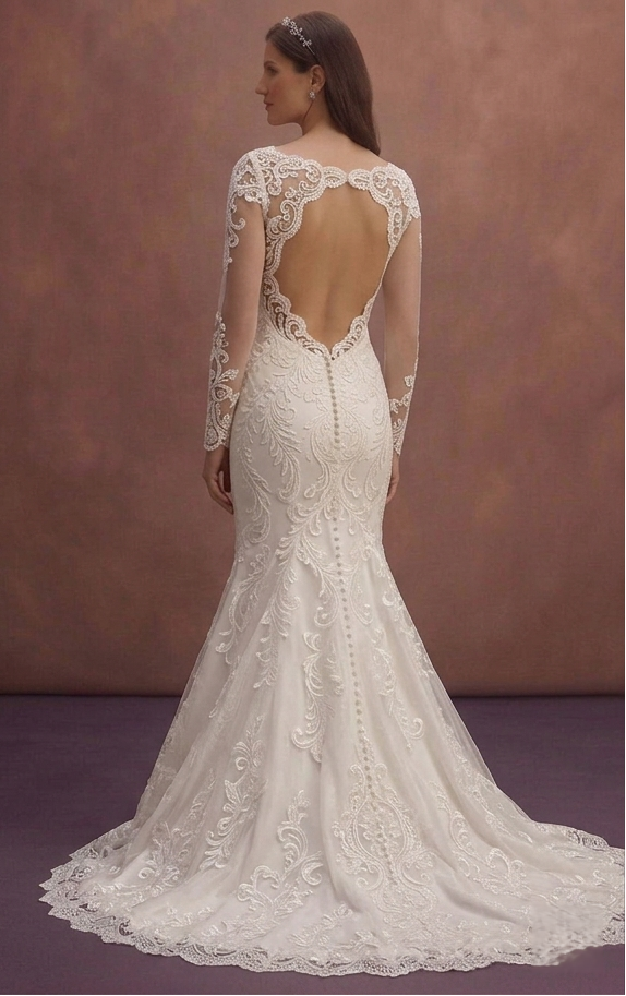 White Mermaid Bridal Dress with Open Back Lace Detail
