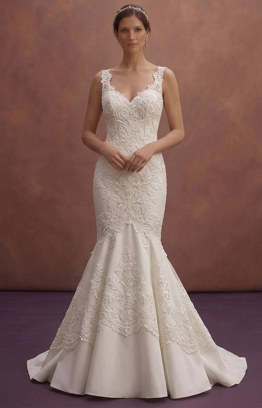 White Mermaid Bridal Dress with Open Back Lace Detail