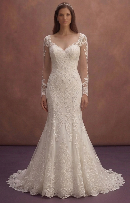 White Mermaid Bridal Dress with Open Back Lace Detail