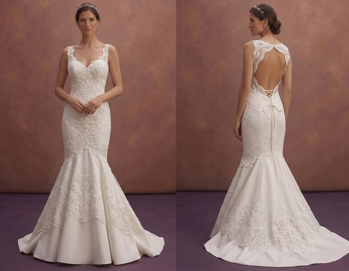 White Mermaid Bridal Dress with Open Back Lace Detail