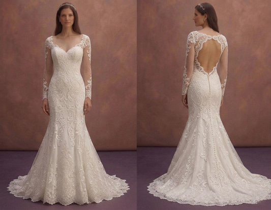 White Mermaid Bridal Dress with Open Back Lace Detail
