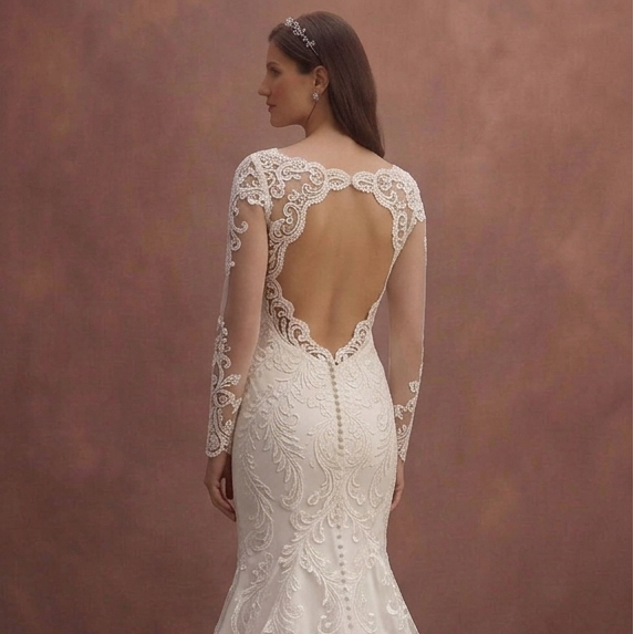 White Mermaid Bridal Dress with Open Back Lace Detail