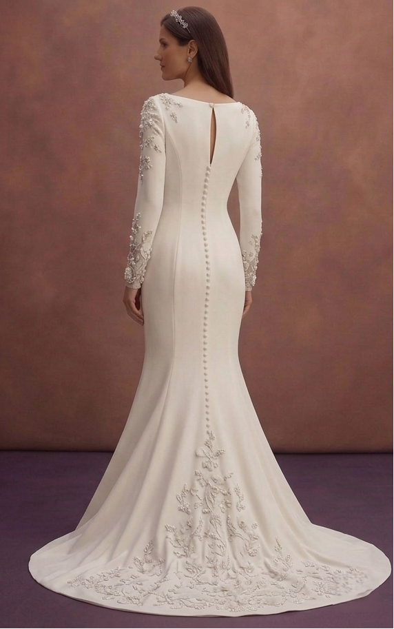 White Mermaid Wedding Dress with Elegant Long Sleeves