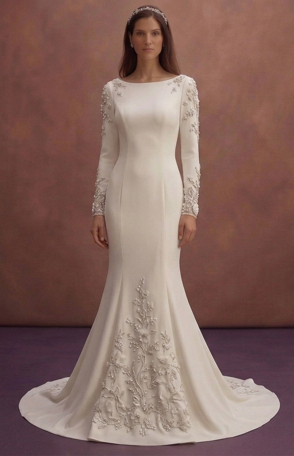 White Mermaid Wedding Dress with Elegant Long Sleeves