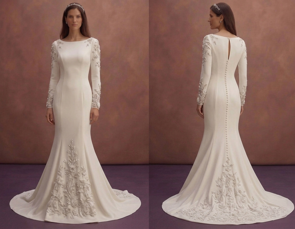 White Mermaid Wedding Dress with Elegant Long Sleeves