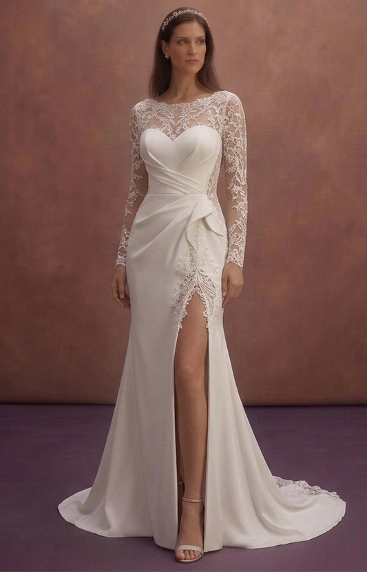 White Mermaid Wedding Dress with Illusion Lace Sleeves
