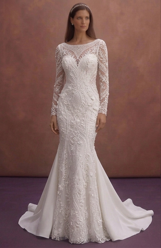 White Mermaid Wedding Dress with Long Lace Sleeves