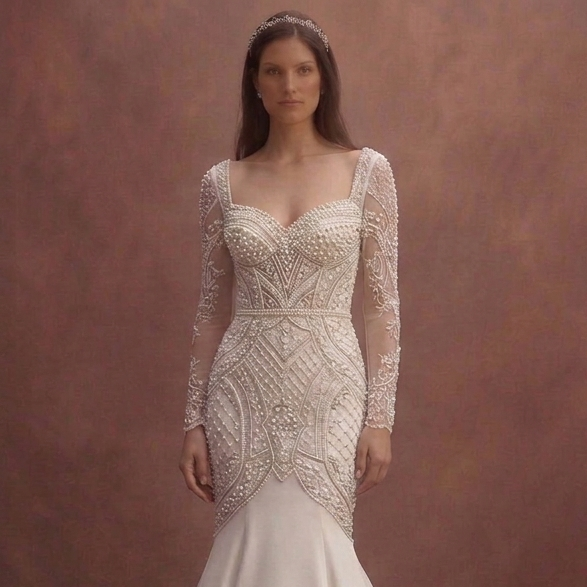 White Mermaid Wedding Dress with Pearl Embellished Bodice
