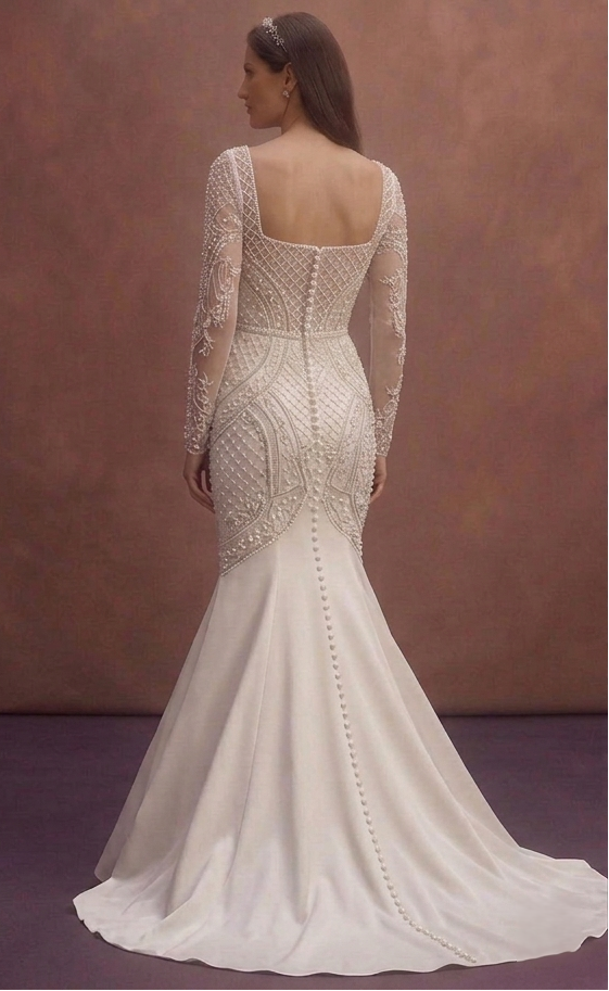 White Mermaid Wedding Dress with Pearl Embellished Bodice