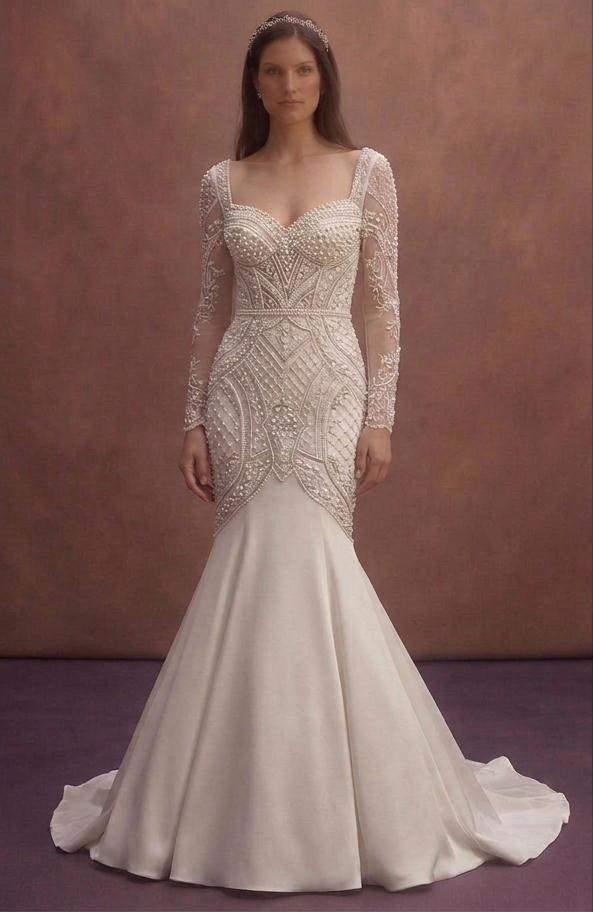 White Mermaid Wedding Dress with Pearl Embellished Bodice