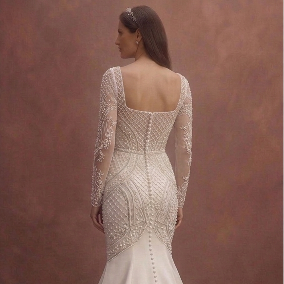 White Mermaid Wedding Dress with Pearl Embellished Bodice