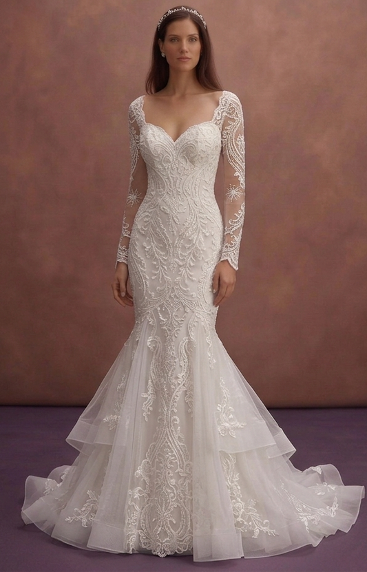 White Mermaid Wedding Dress with Sheer Lace Sleeve Design