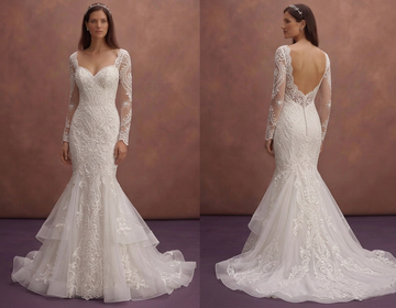 White Mermaid Wedding Dress with Sheer Lace Sleeve Design