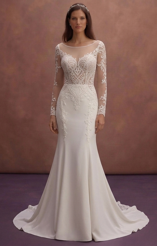 White Mermaid Wedding Dress with Sheer Lace Sleeves