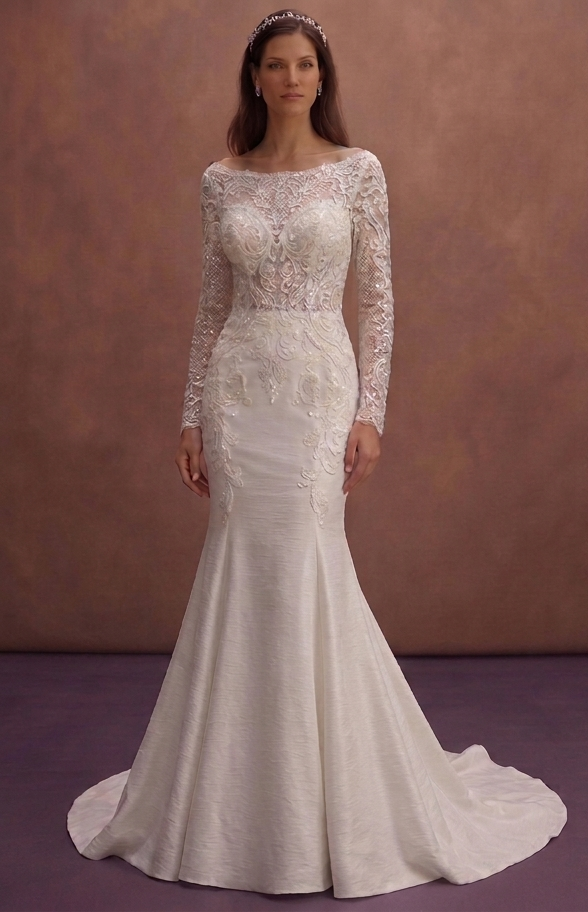 White Mermaid Wedding Dress with Sparkle Embellished Lace