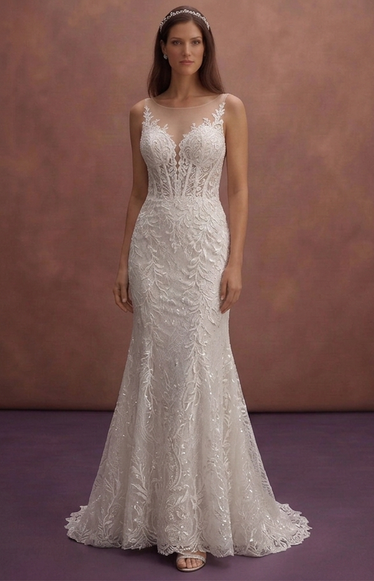 White Mermaid Wedding Dress with Sparkle Lace Embellishments
