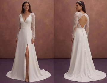 White Minimal Crepe Bridal Gown with Open Back Design