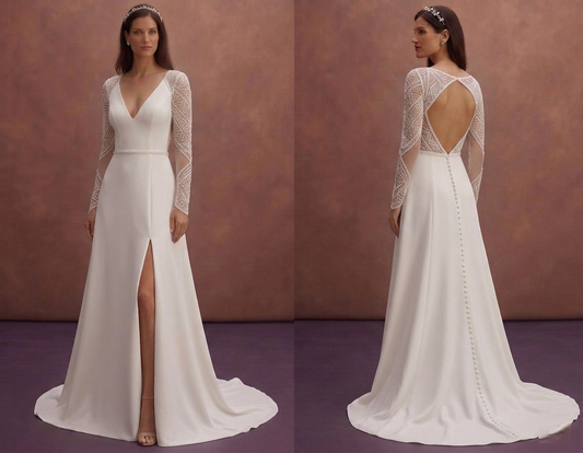 White Minimal Crepe Bridal Gown with Open Back Design