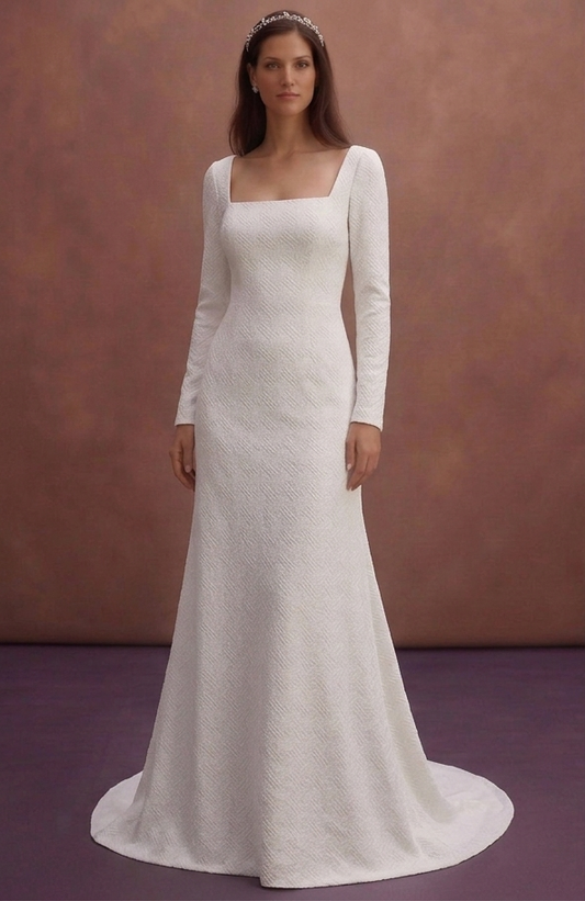 White Minimal Wedding Dress with Square Neck Design