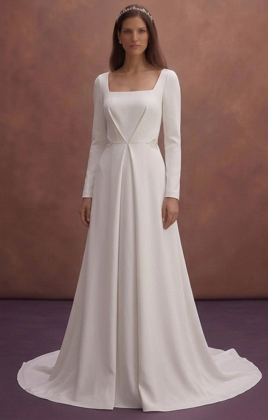 White Minimal Wedding Dress with Square Neckline Design