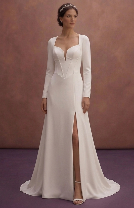 White Minimalist Wedding Dress with Open Back Design