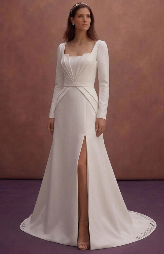 White Minimalist Wedding Dress with Sculpted Corset Top