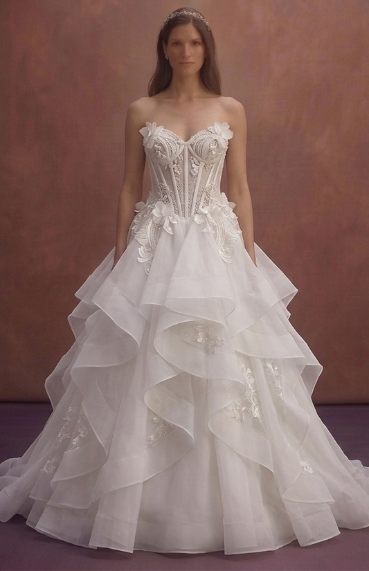 White Organza Ball Gown Wedding Dress with Corset Detail