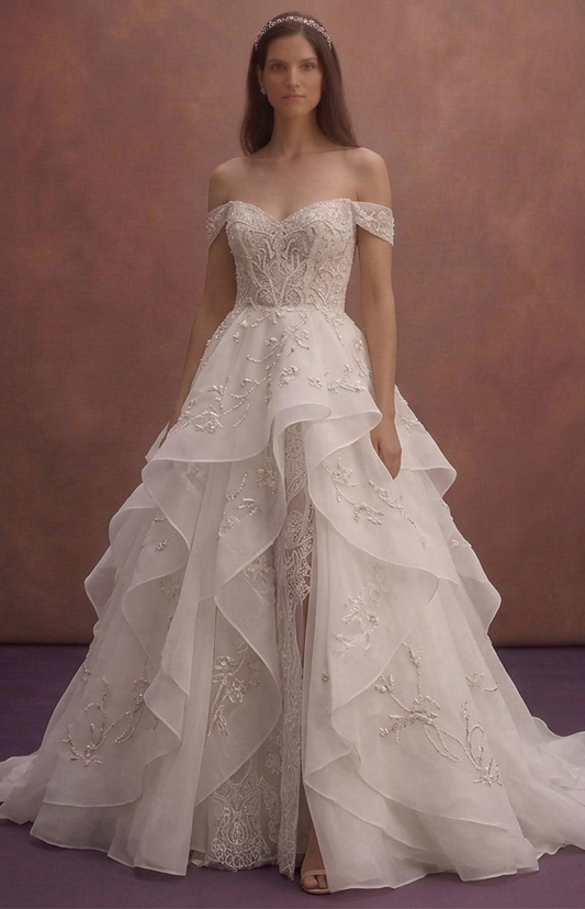 White Organza Wedding Dress with Layered Fairytale Skirt