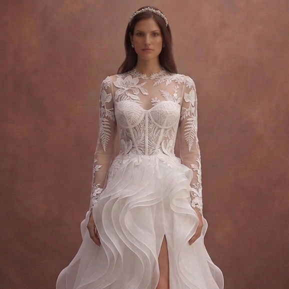 White Organza Wedding Dress with Soft Ruffle Details