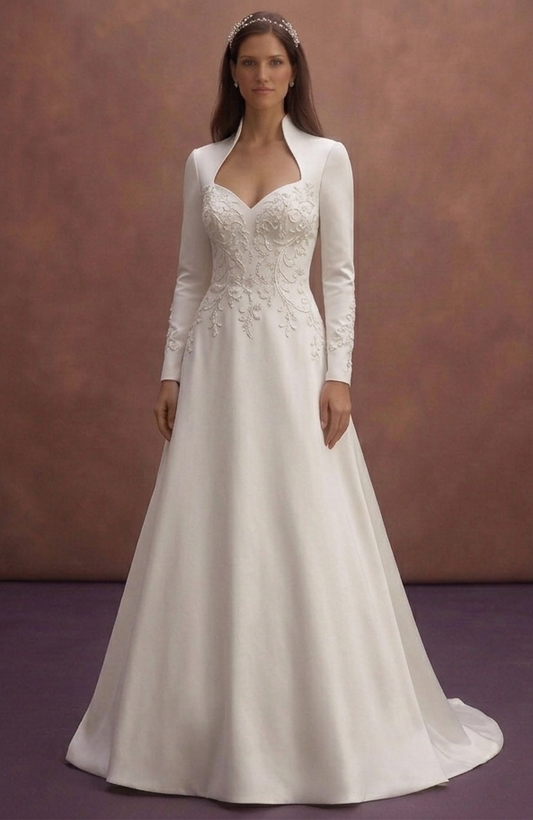 White Satin Bridal Dress with Queen Anne Neckline