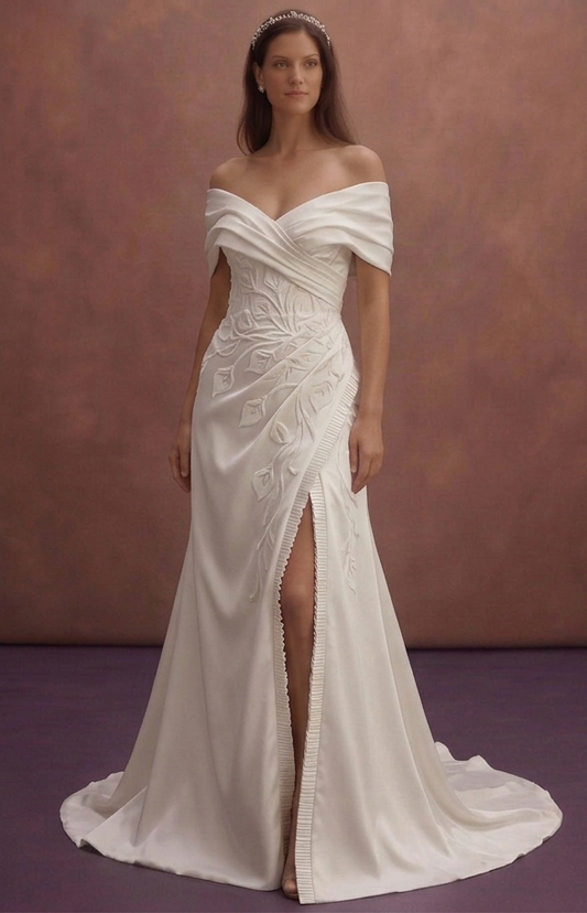 White Satin Bridal Gown with Draped Off Shoulder Bodice