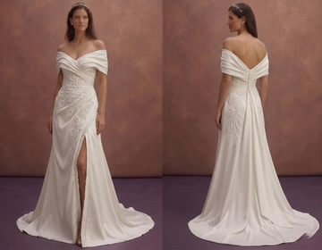 White Satin Bridal Gown with Draped Off Shoulder Bodice