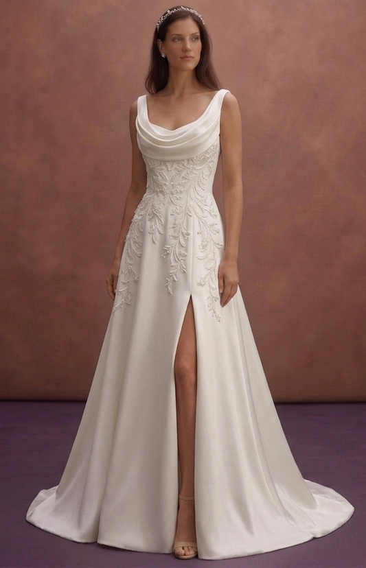 White Satin Bridal Gown with Modern Cowl Neckline