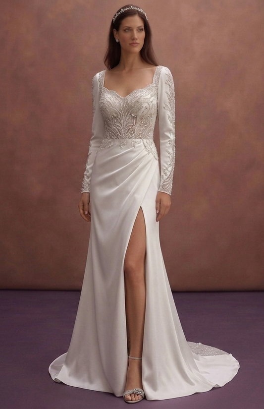 White Satin Column Wedding Dress with High Side Slit