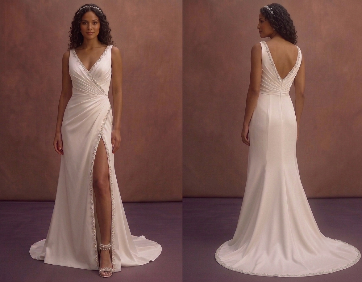 White Satin Column Wedding Dress with High Slit