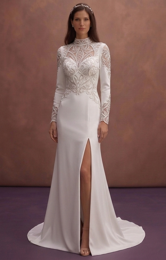 White Satin Column Wedding Dress with Modern Side Slit