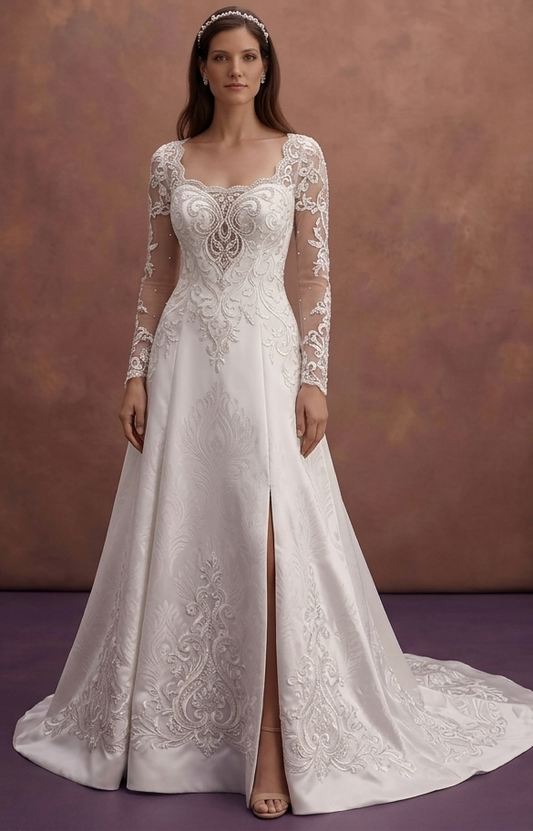 White Satin Wedding Dress with Dramatic Cathedral Train