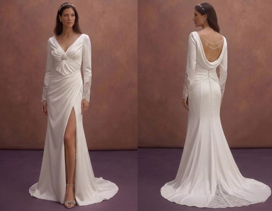 White Satin Wedding Dress with Draped Bodice Detail