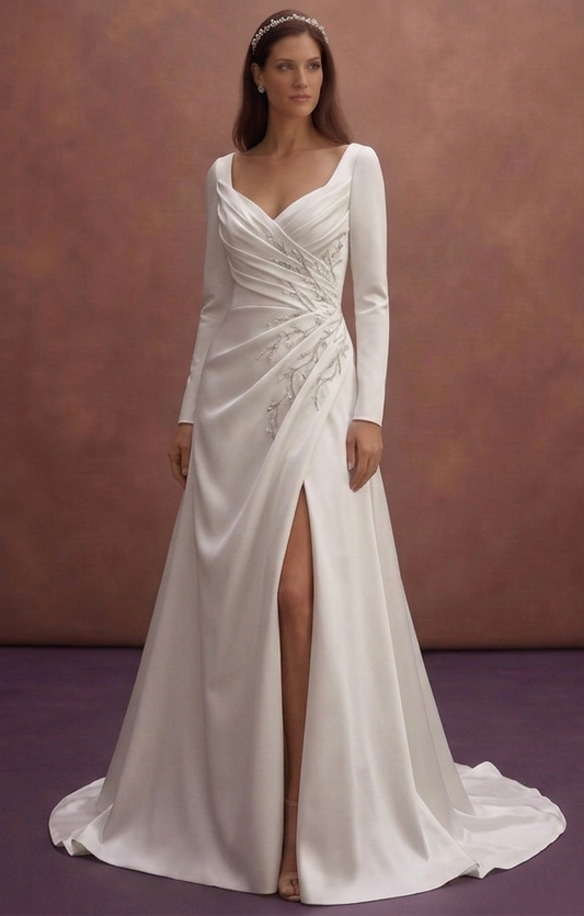 White Satin Wedding Dress with Draped Elegant Bodice