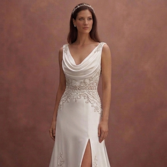 White Satin Wedding Dress with Draped Neckline