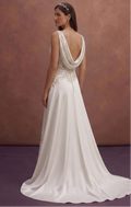 White Satin Wedding Dress with Draped Neckline