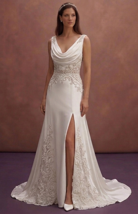 White Satin Wedding Dress with Draped Neckline