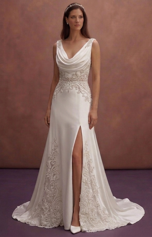 White Satin Wedding Dress with Draped Neckline