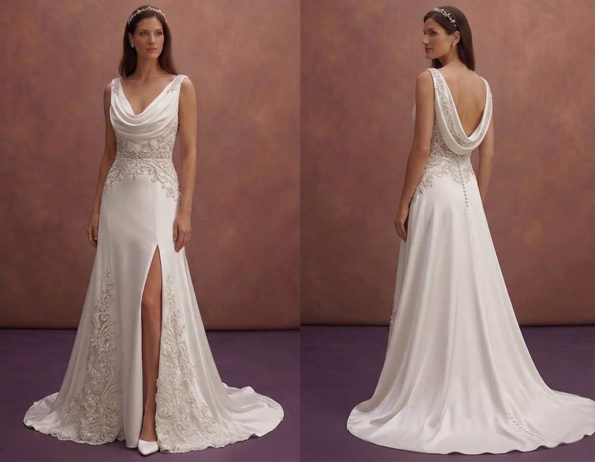 White Satin Wedding Dress with Draped Neckline