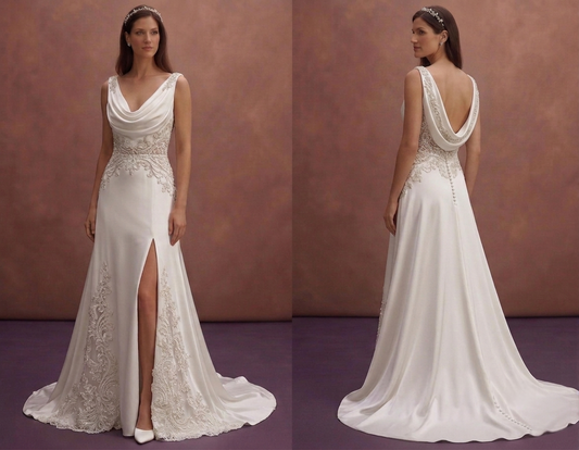 White Satin Wedding Dress with Draped Neckline