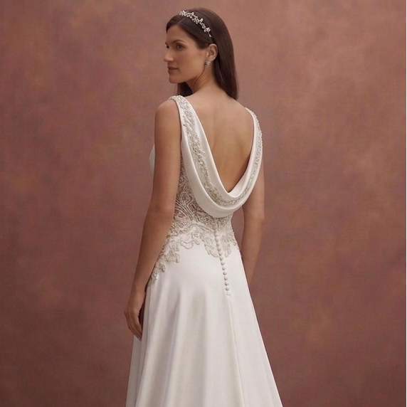 White Satin Wedding Dress with Draped Neckline